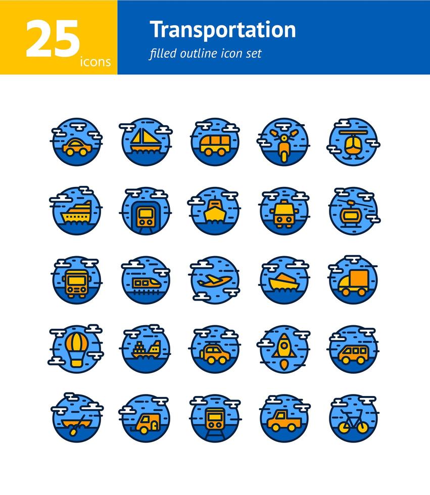 transporte lleno conjunto de iconos de contorno. vector e ilustración.