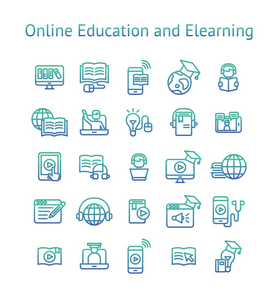 Online Education and Elearning gradient icon set. vector