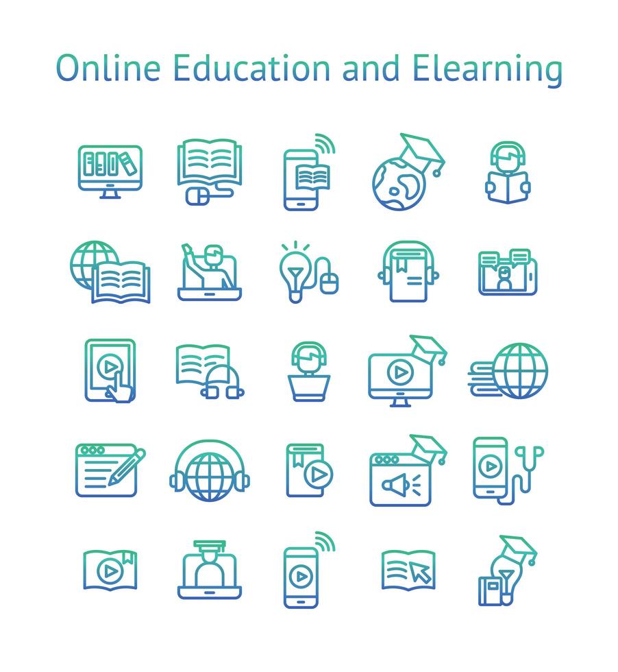 educación en línea y conjunto de iconos de gradiente elearning. vector