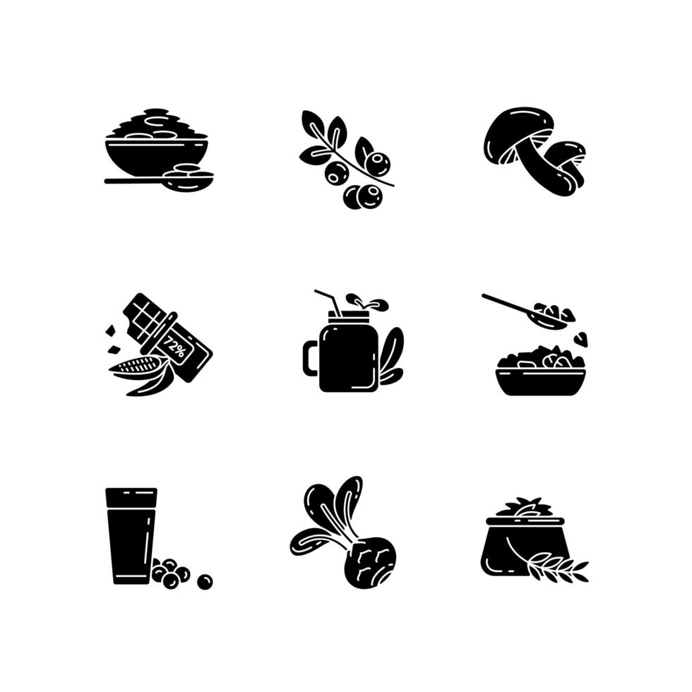 Vegetarian meals black glyph icons set on white space vector