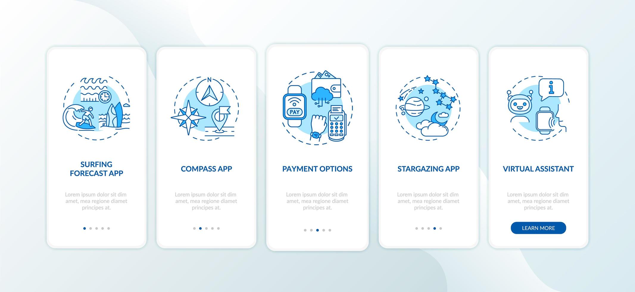 Smartwatch capabilities onboarding mobile app page screen with concepts vector