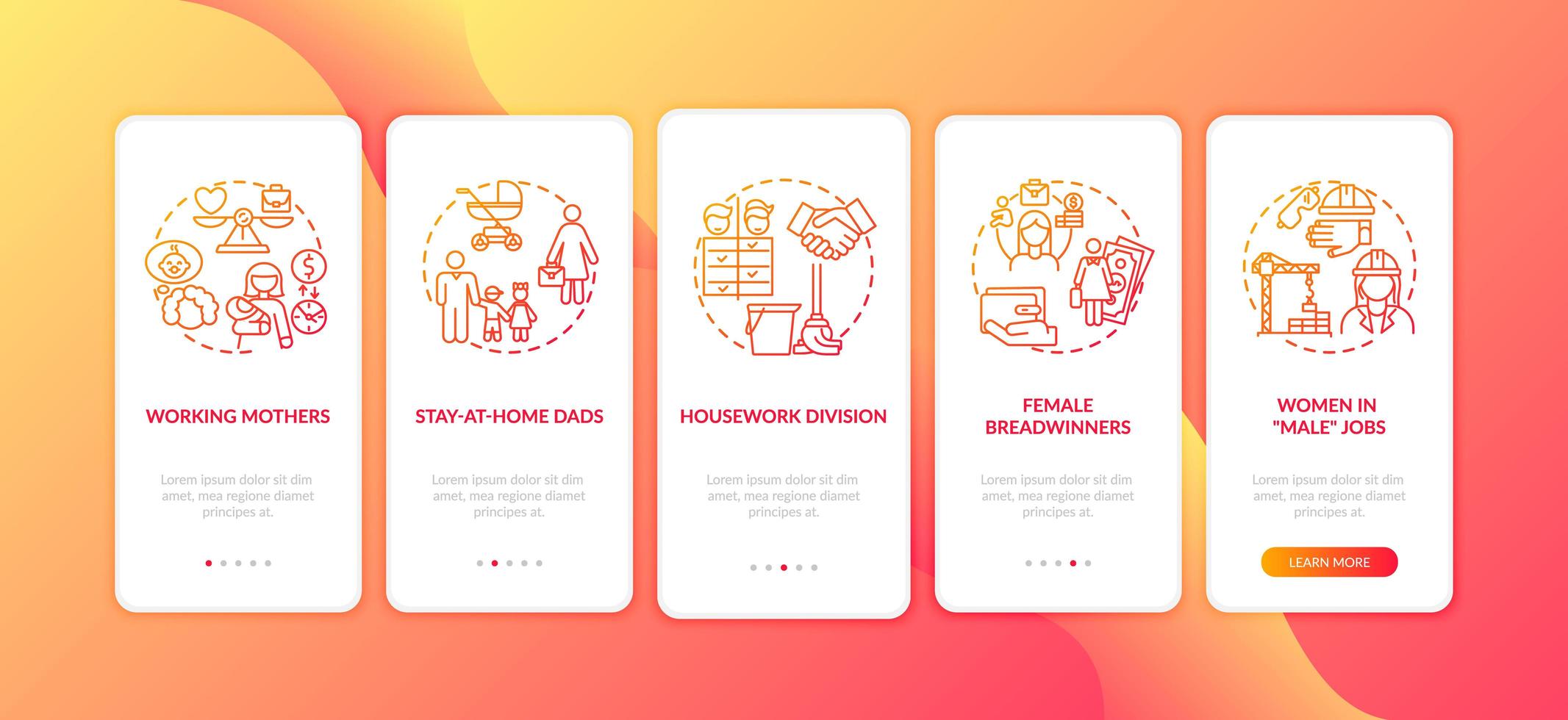 Changing gender roles onboarding mobile app page screen with concepts vector