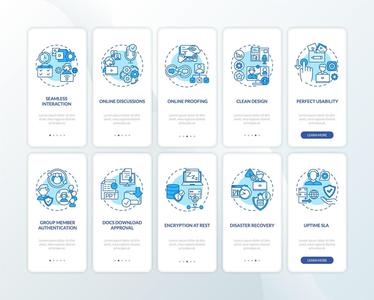 Remote job software features onboarding mobile app page screen with concepts set vector
