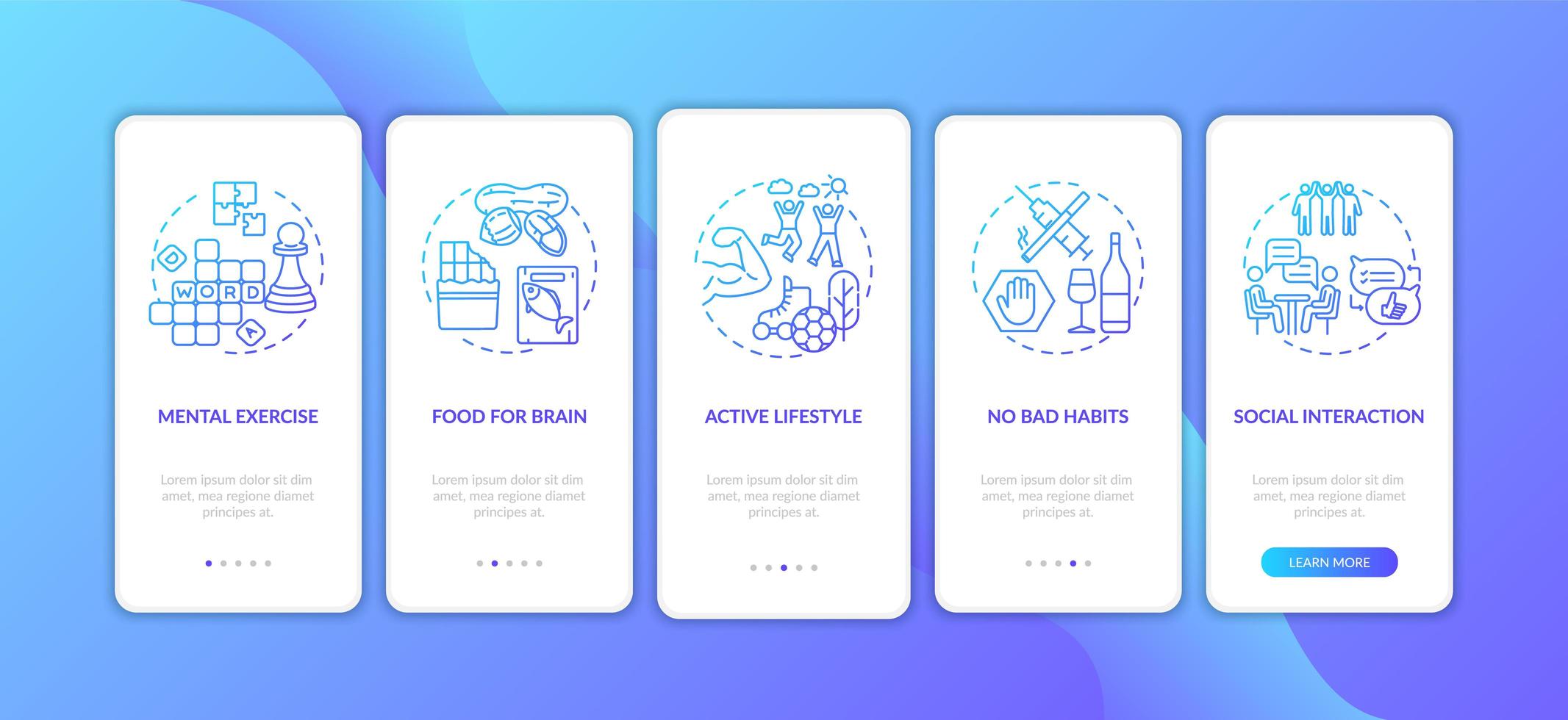 Brain health care blue gradient onboarding mobile app page screen with concepts vector