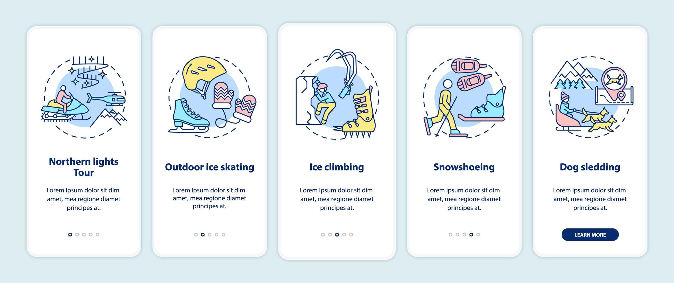 Winter outdoor activities onboarding mobile app page screen with concepts vector