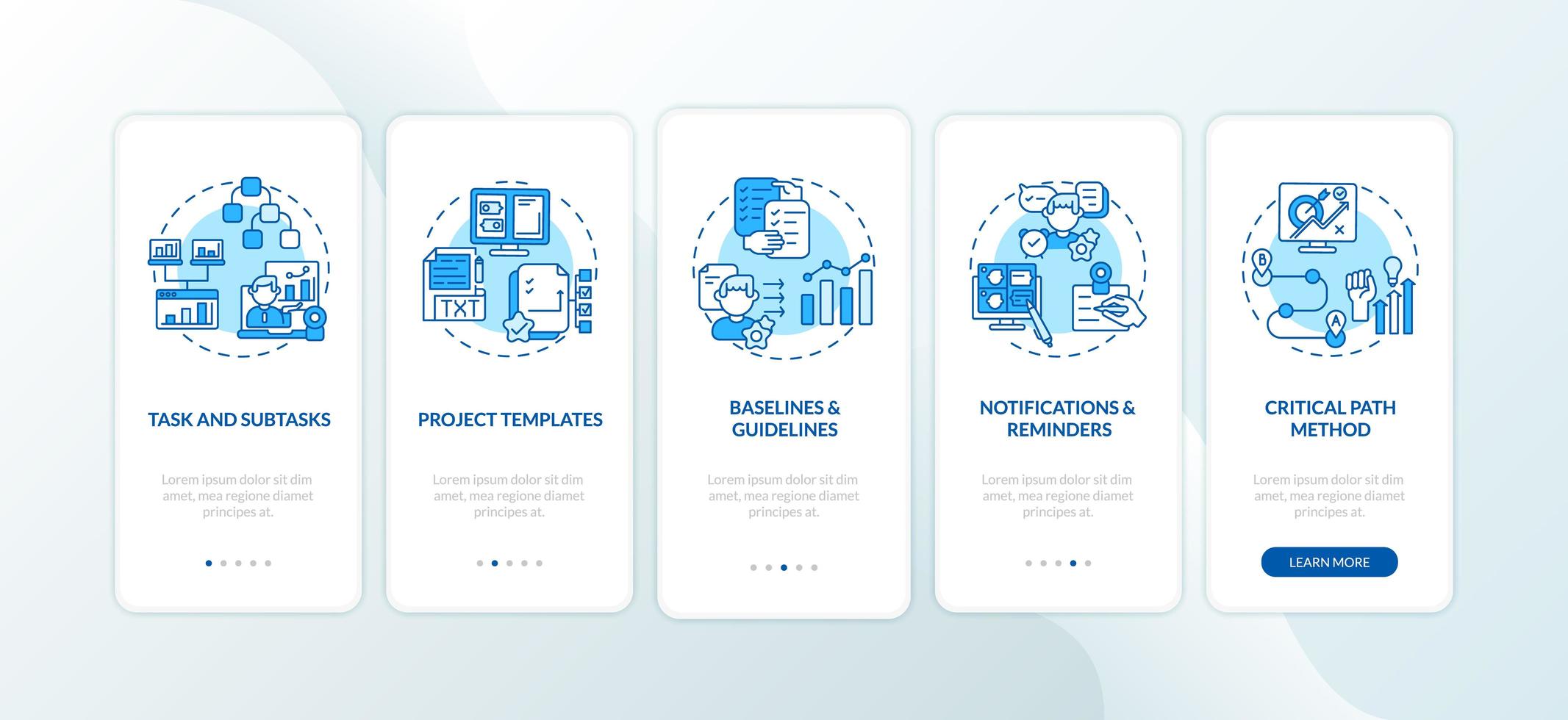 Remote job software structure onboarding mobile app page screen with concepts vector