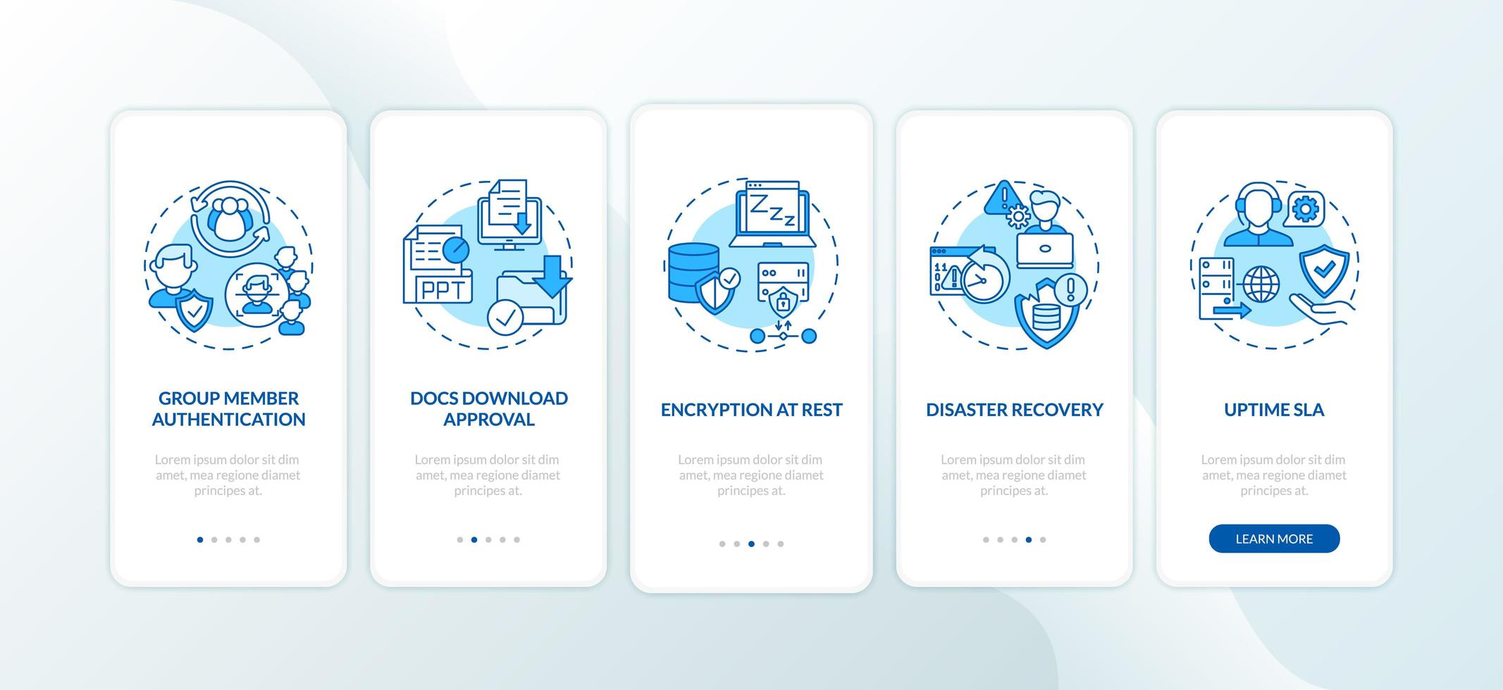 Remote job tool security parameters onboarding mobile app page screen with concepts vector