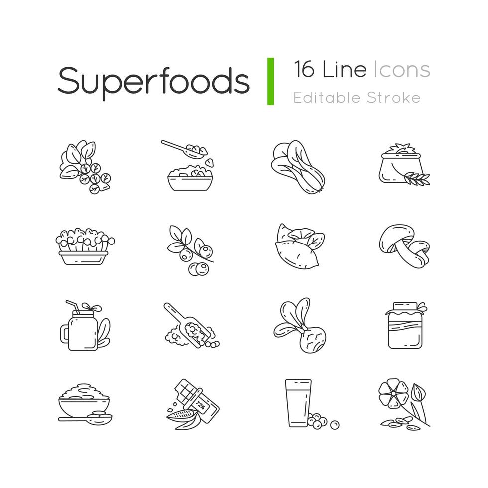 Superfoods variety pixel perfect linear icons set vector