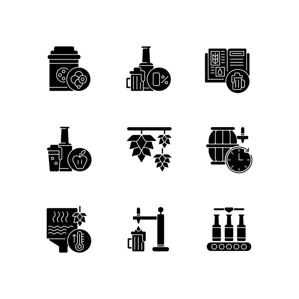 elaboración de la cerveza, proceso, negro, glifo, iconos, conjunto, blanco, espacio vector