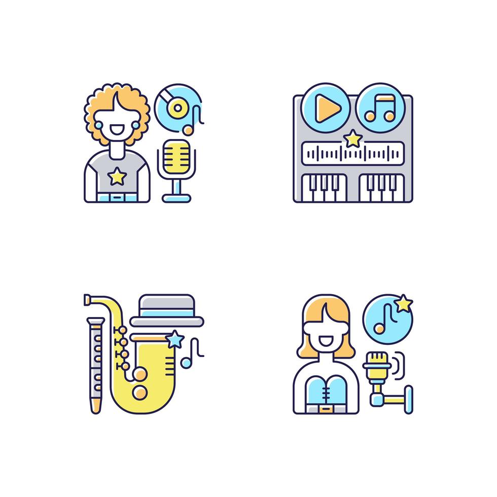 Different soundtrack genres RGB color icons set vector