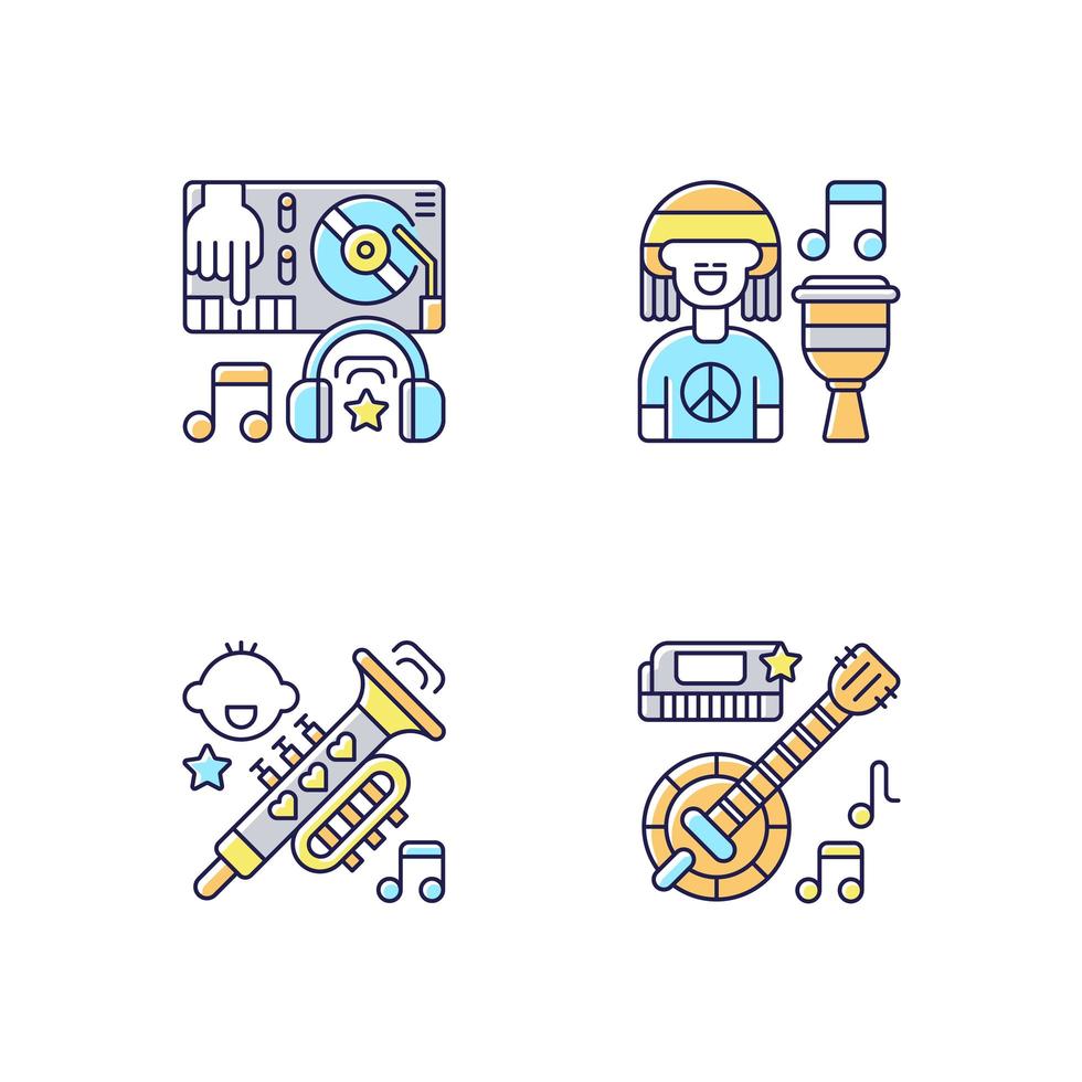 Modern music genres variety RGB color icons set vector