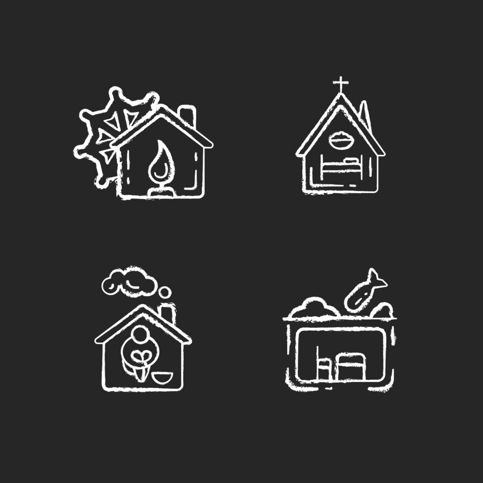 Vivienda de apoyo temporal iconos de tiza blanca sobre fondo negro vector