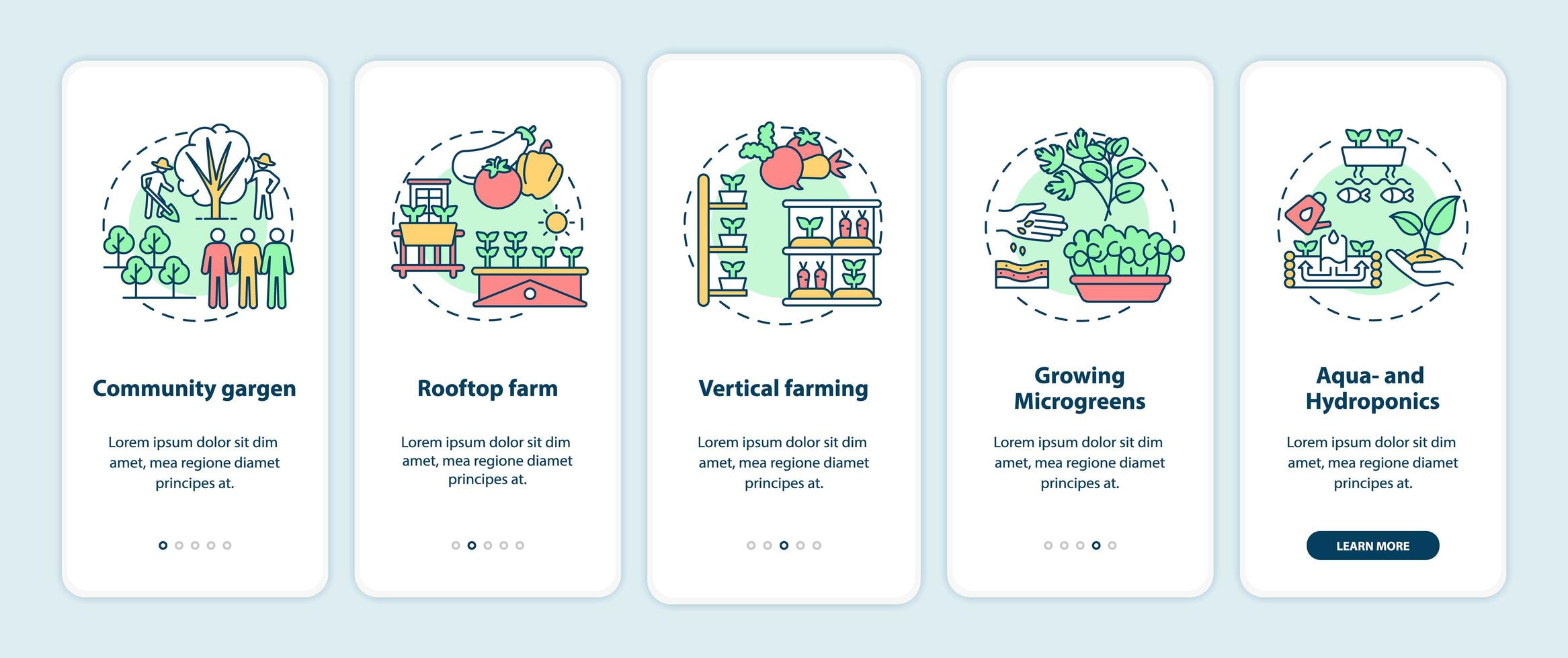 Pantalla de la página de la aplicación móvil de incorporación de agricultura urbana con conceptos vector