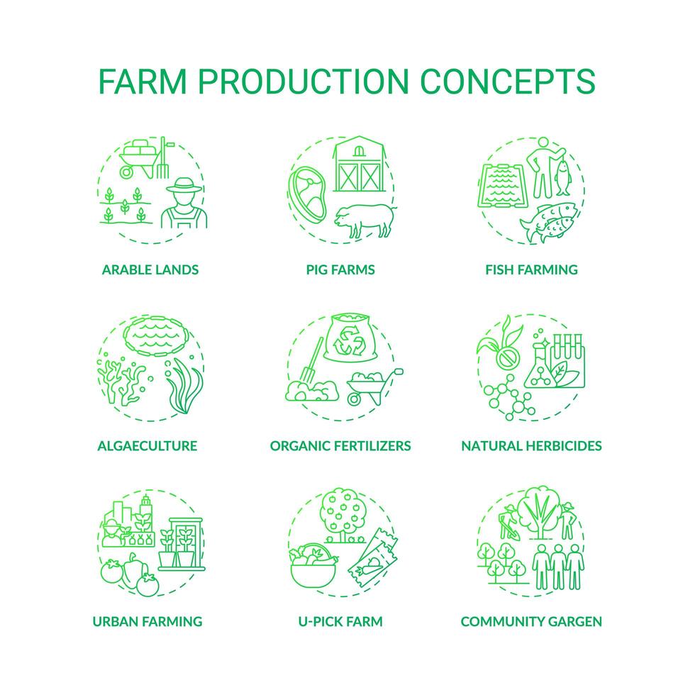 Conjunto de iconos de concepto de producción agrícola vector