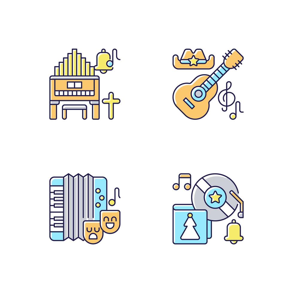 Different cultures music RGB color icons set vector