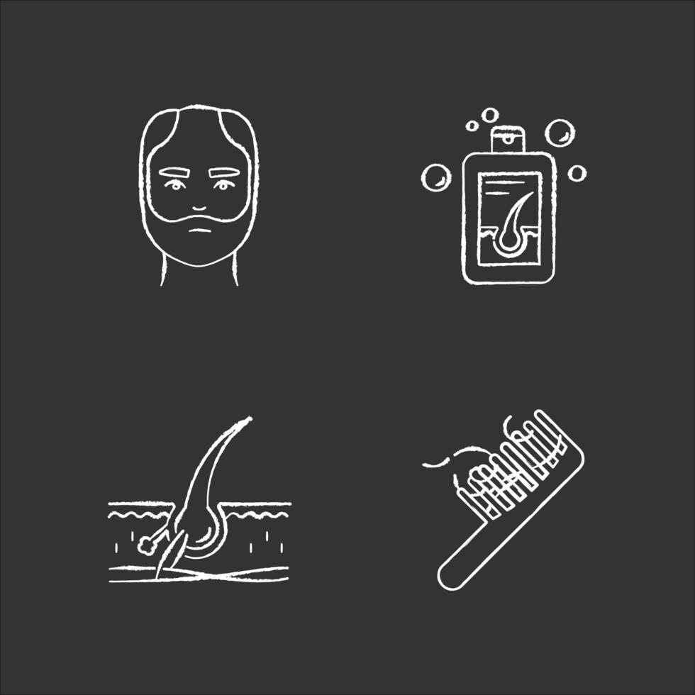 Hair loss chalk white icons set on black background. Man balding treatment. Male alopecia. Hair strands on comb. Damaged follicle. Medical shampoo. Isolated vector chalkboard illustrations