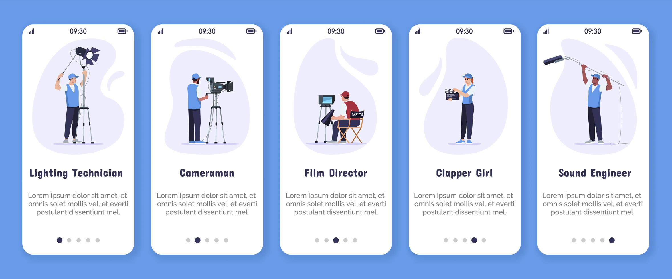 Movie production onboarding mobile app screen vector template