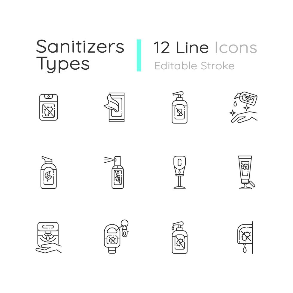 tipos de desinfectante conjunto de iconos lineales vector