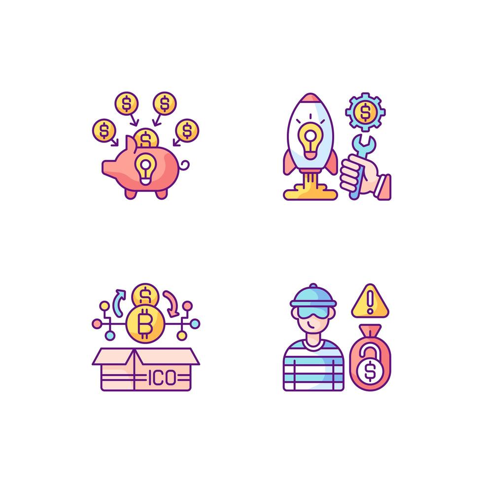 Different money types crowdfunding RGB color icons set vector
