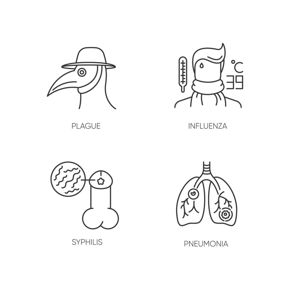 Conjunto de iconos lineales perfectos de píxeles de infecciones virales. peste, influenza, sífilis y neumonía símbolos de contorno de línea fina personalizables. ilustraciones de contorno de vector aislado. trazo editable