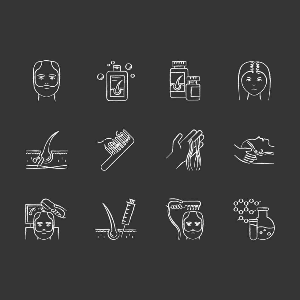 Hair loss chalk white icons set on black background. Hair roots. Alopecia treatment. Chemistry, medicine. Physiotherapy and injection for hair thinning. Isolated vector chalkboard illustrations