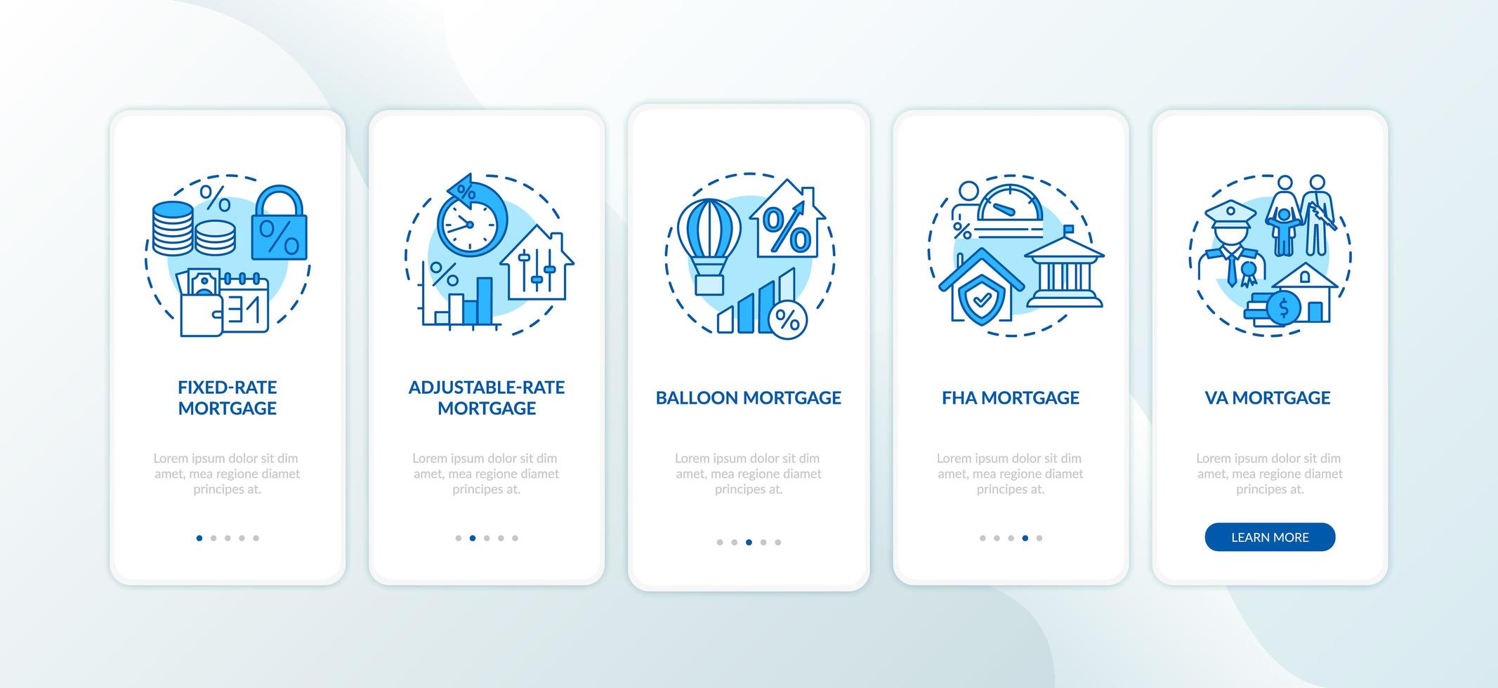 Mortgage types onboarding mobile app page screen with concepts vector