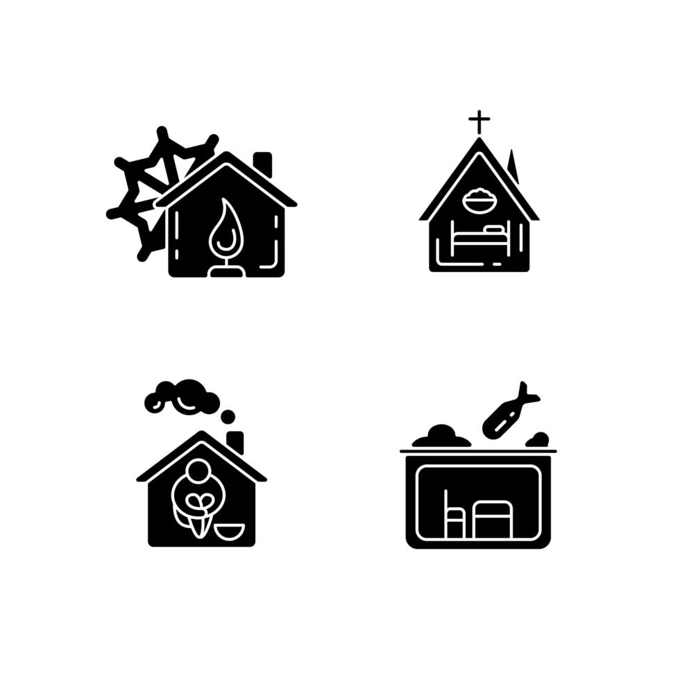 Vivienda de apoyo temporal iconos de glifos negros en espacio en blanco vector