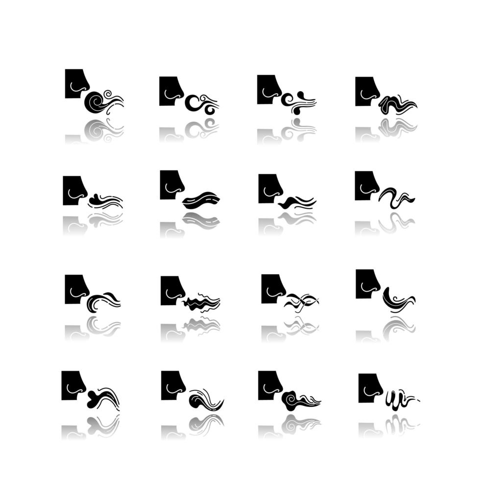 Nose smelling scent drop shadow black glyph icons set. Good and bad odor. Evaporation flow. Fluid, perfume nice odour. Aromatic fragrance. Fume swirls. Isolated vector illustrations on white space