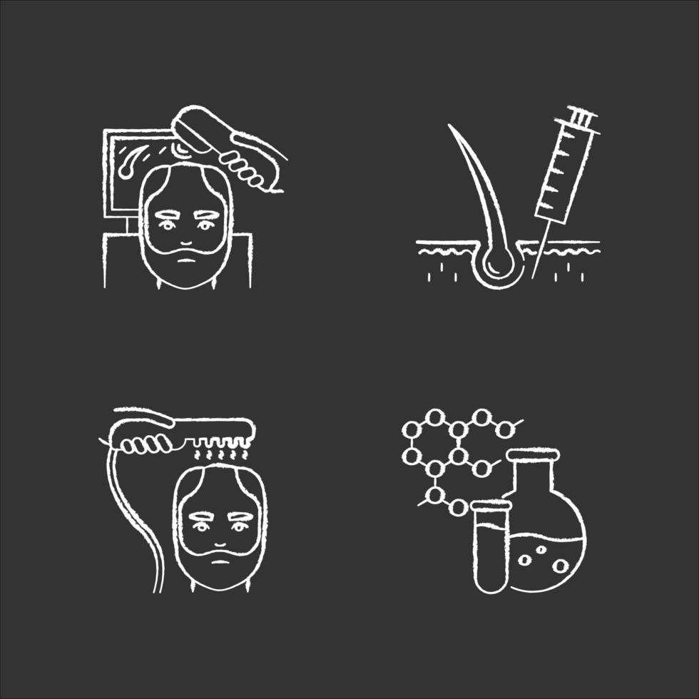 Hair loss chalk white icons set on black background. Laser therapy for men's thinning hair. Medical injection for alopecia. Chemistry, medicine. Dermatology. Isolated vector chalkboard illustrations