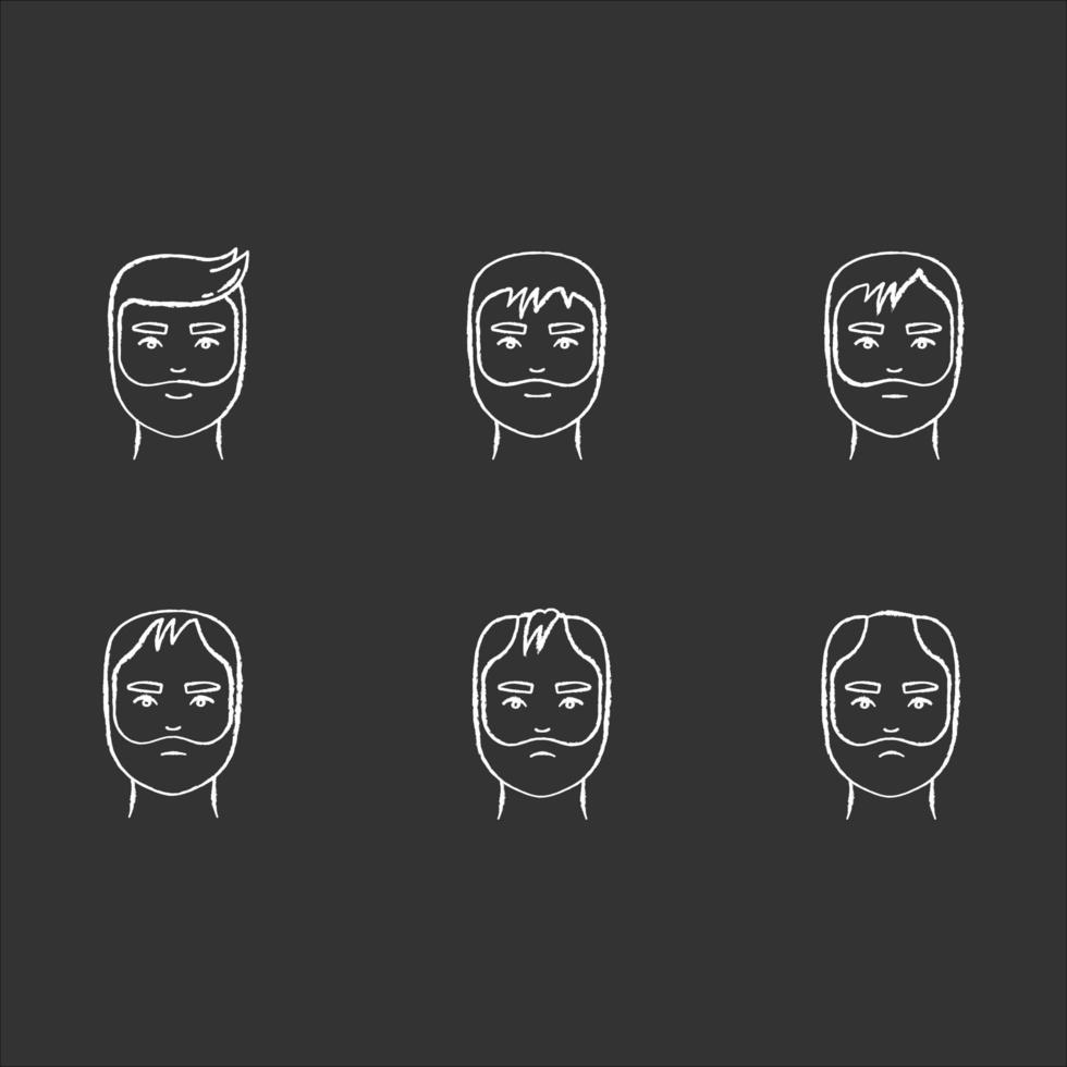 Hair loss chalk white icons set on black background. Baldness process stages. Male alopecia conditions. Dermatology problem with scalp. Aging and stress. Isolated vector chalkboard illustrations