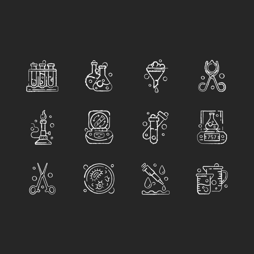 Lab equipment chalk white icons set on black background vector