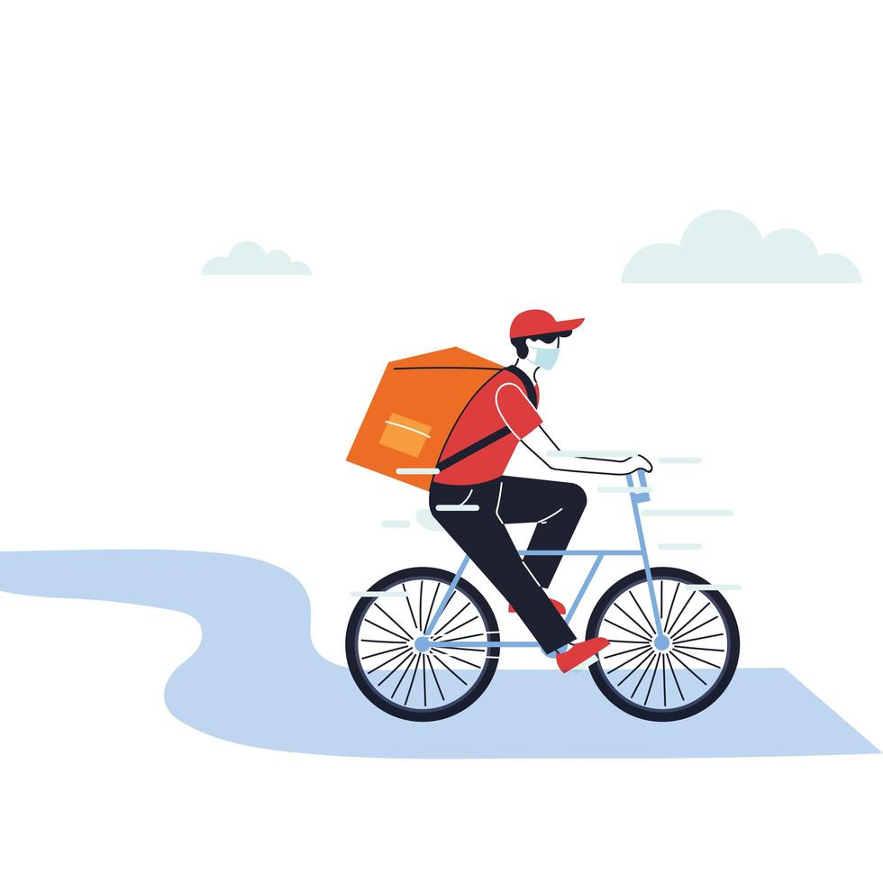 Mensajero con máscara haciendo una entrega en bicicleta vector