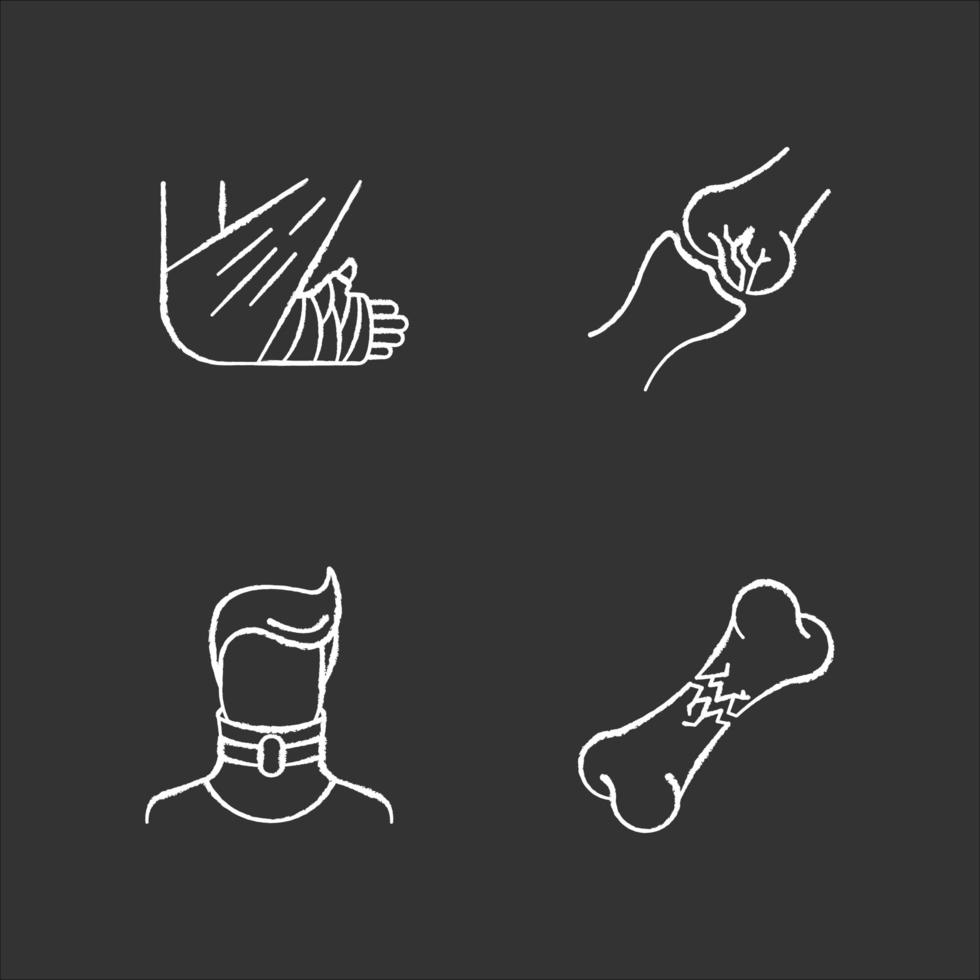 Body injuries chalk white icons set on black background. Bone and joint fractures. Broken neck. Cervical collar. Arm in bandage, plaster. Medical condition. Isolated vector chalkboard illustrations