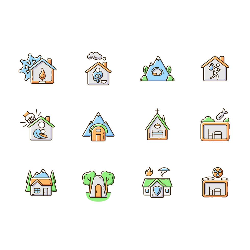 Shelters types RGB color icons set vector