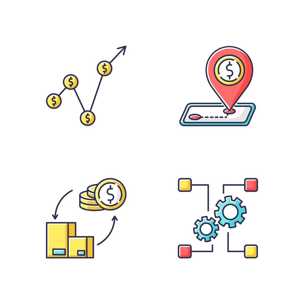 conjunto de iconos de color rgb de economía y presupuesto del país. Producto interno bruto, subcontratación y desarrollo de la industria. tarifas y balanza de pagos. ilustraciones vectoriales aisladas vector