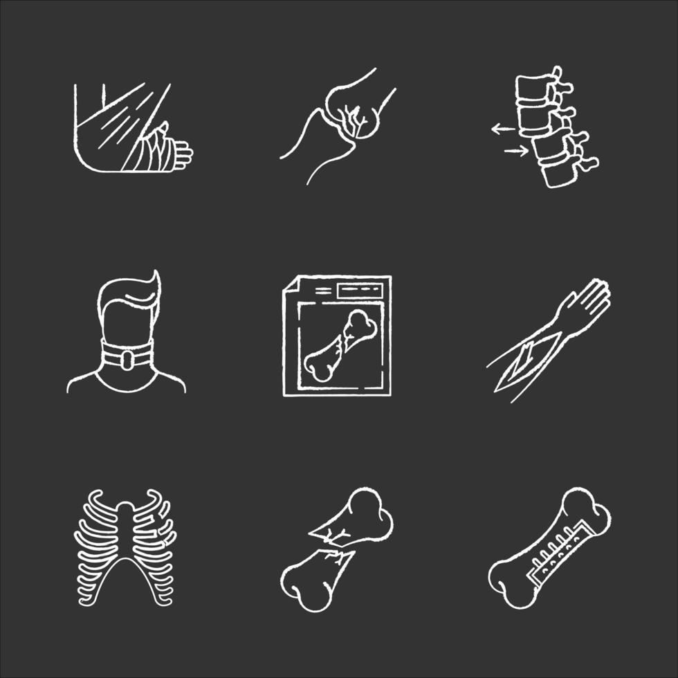 Bone fractures chalk white icons set on black background. X-ray scan. Spine dislocation. Broken neck. Surgery. Open fracture. Limb and body part injuries. Isolated vector chalkboard illustrations