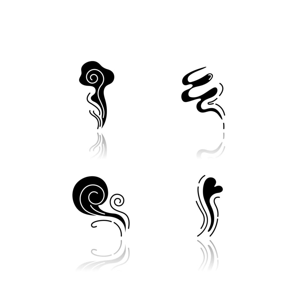 Odor drop shadow black glyph icons set. Good smell. Wind swirl, nice perfume scent. Aromatic fragrance flow with heart shape. Smoke puff, steam curls. Isolated vector illustrations on white space