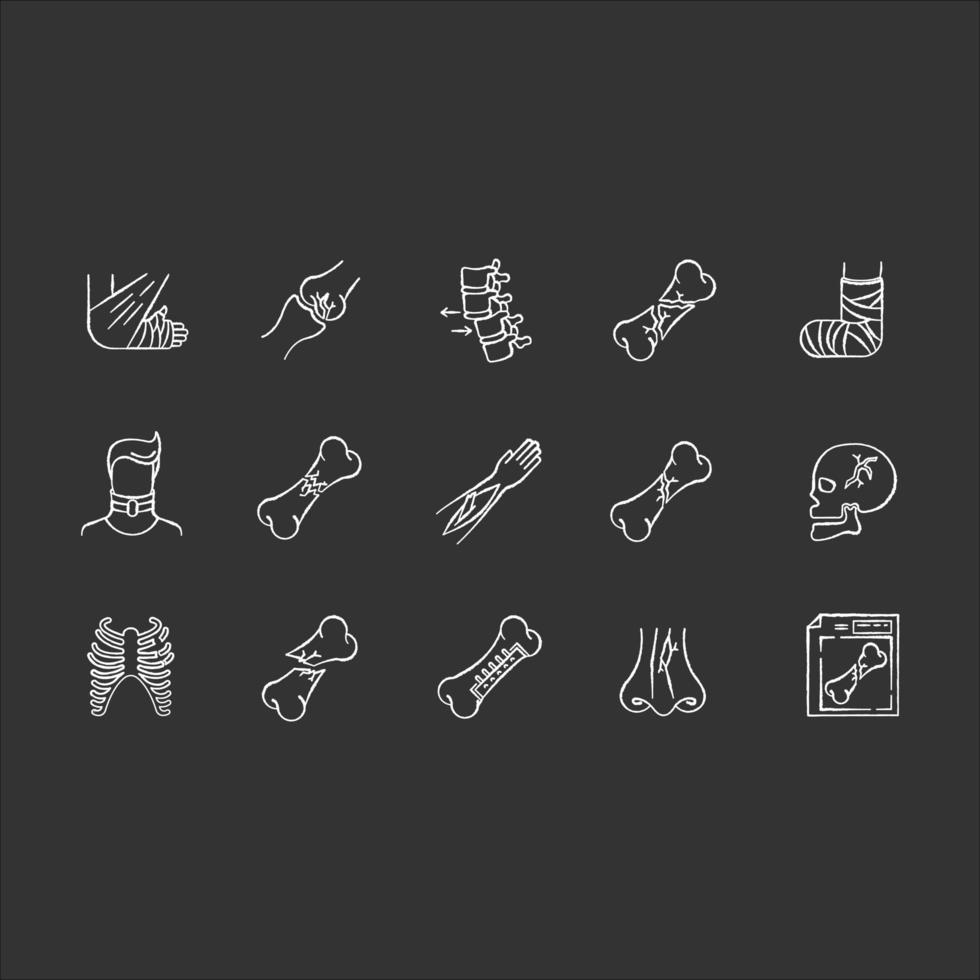 Body injuries chalk white icons set on black background. Broken arm, foot. Bone fractures. Neck and skull injury. Hurt limbs. Rib cage break. Rib cage break. Isolated vector chalkboard illustrations