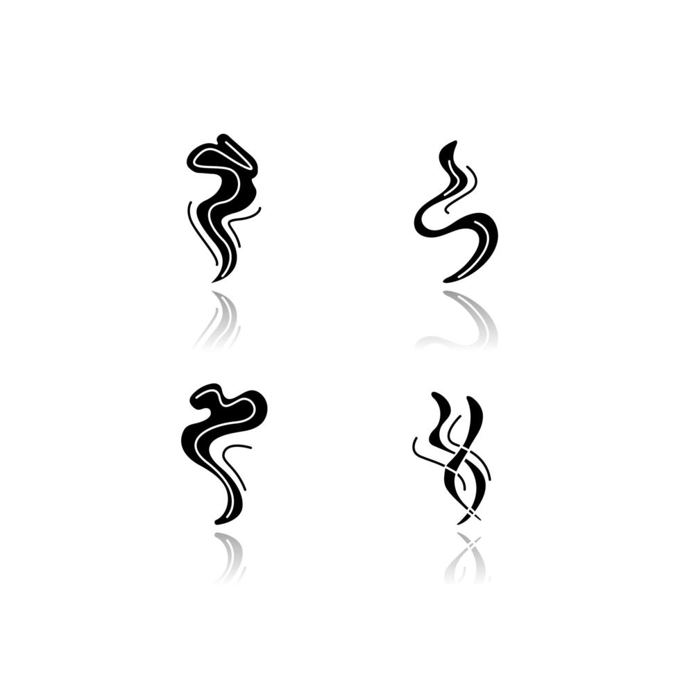 Odor drop shadow black glyph icons set. Good smell. Fluid, nice perfume scent. Aromatic fragrance flowing curves. Smoke puff, hot steam curls, fume swirls. Isolated vector illustrations on white space