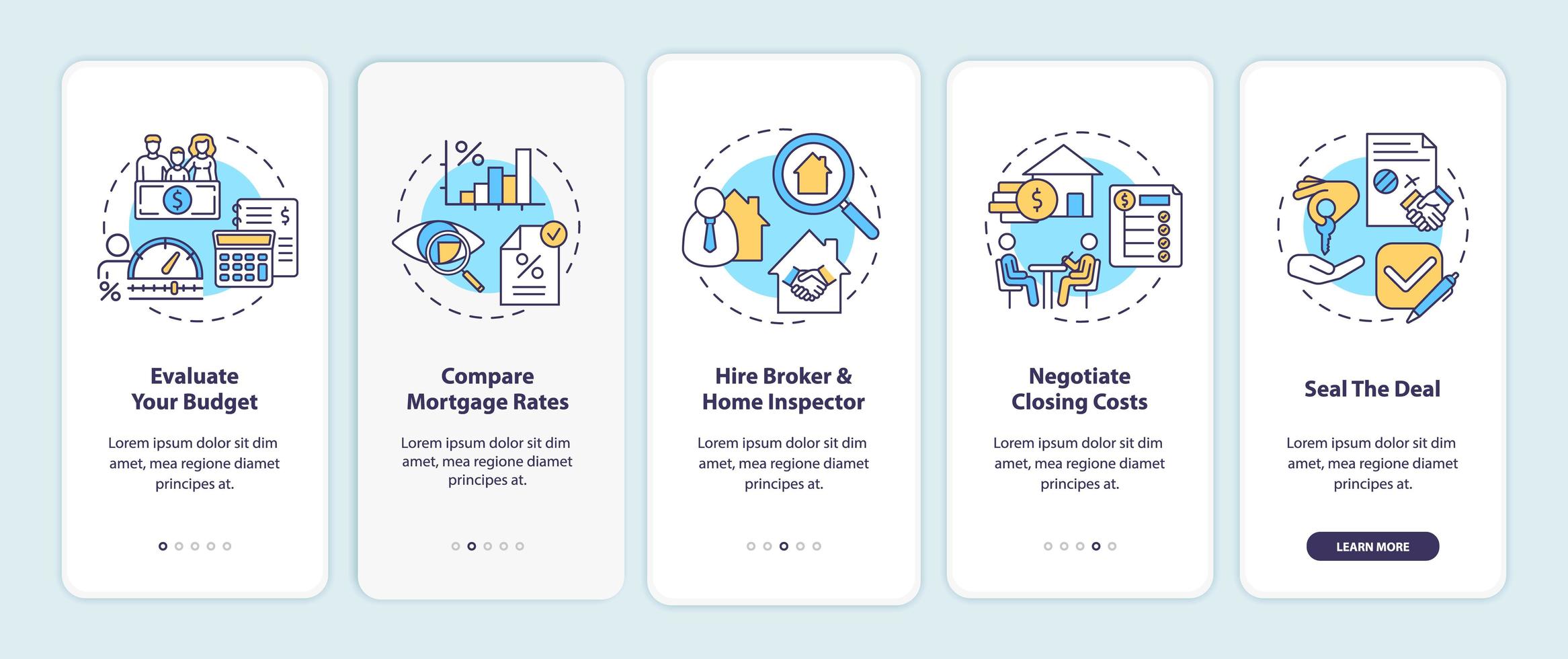 consejos para compradores de vivienda por primera vez sobre la incorporación de la pantalla de la página de la aplicación móvil con conceptos vector