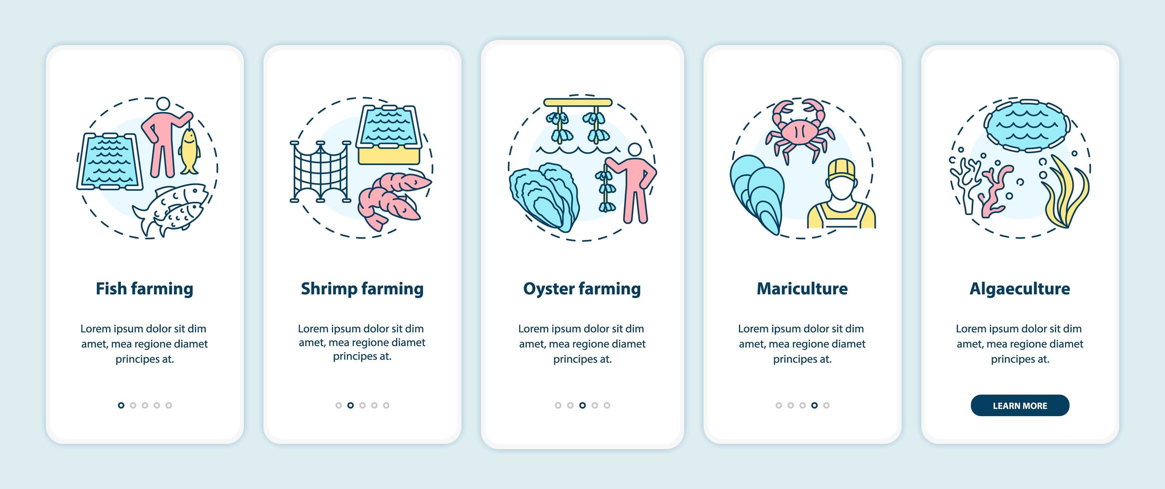 Aquaculture onboarding mobile app page screen with concepts vector