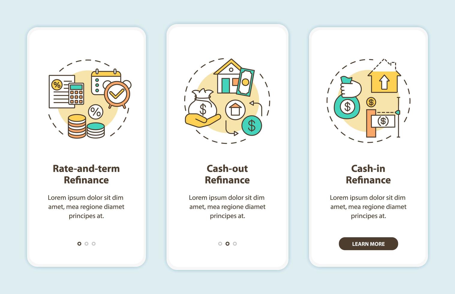 Mortgage refinance types onboarding mobile app page screen with concepts vector