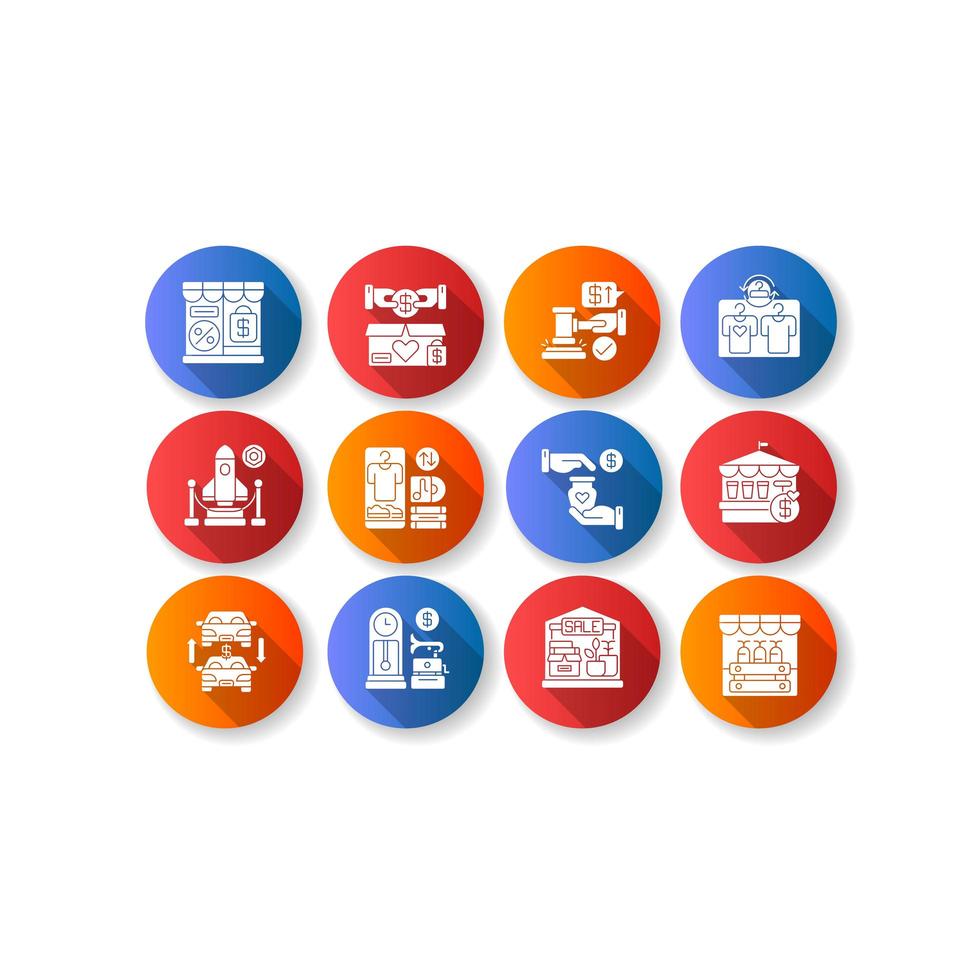 Outlet store flat design long shadow glyph icons set vector