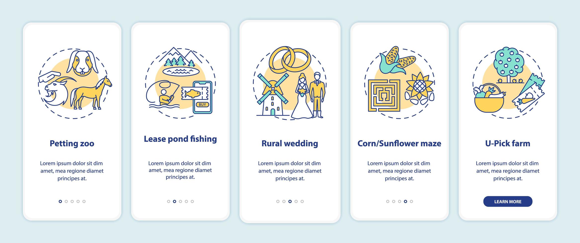 Agritourism onboarding mobile app page screen with concepts vector