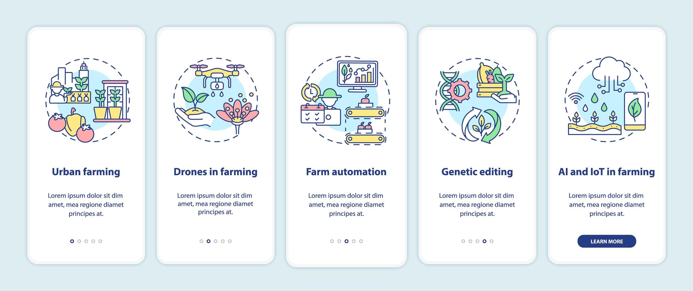 Pantalla de página de aplicación móvil de incorporación de innovación agrícola con conceptos vector