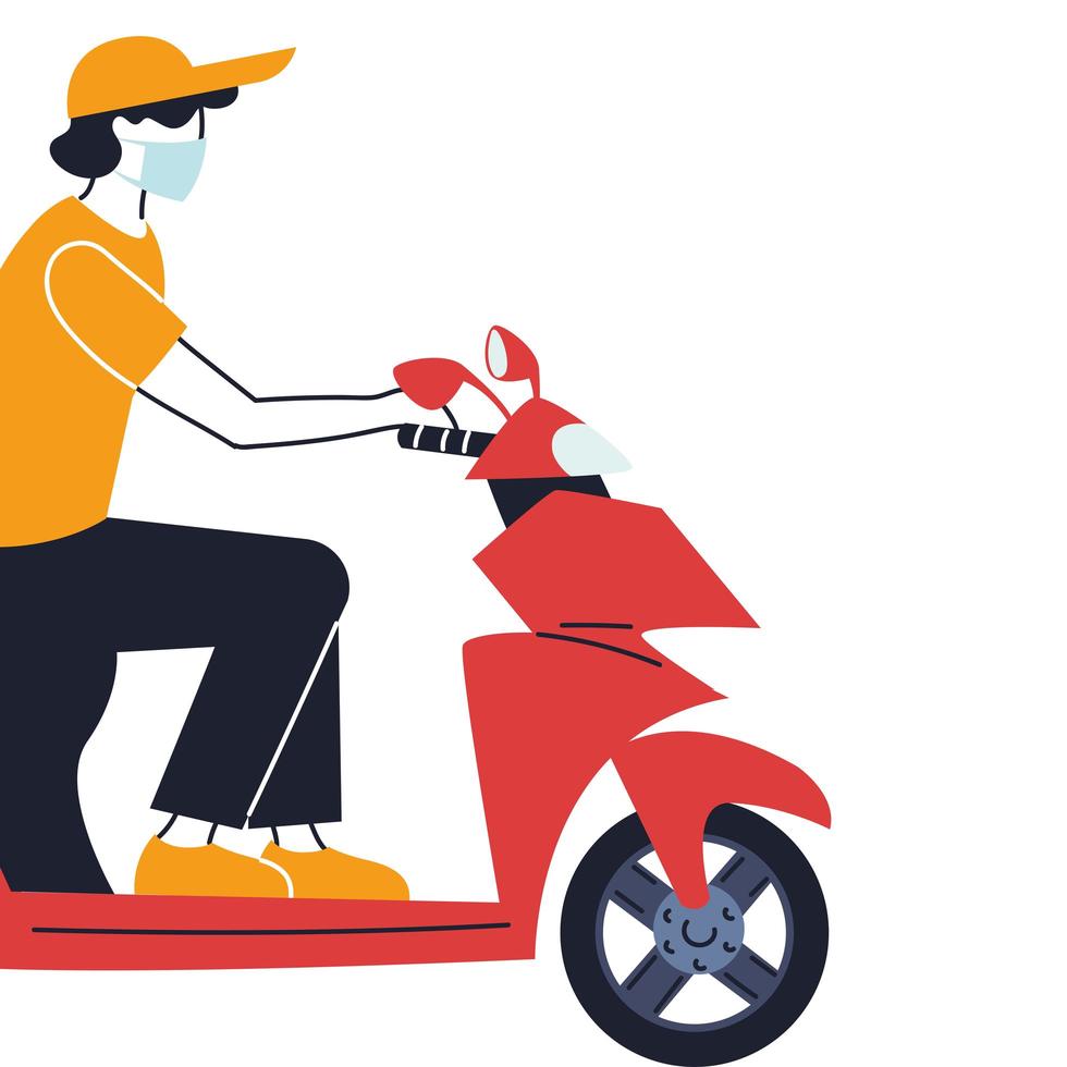 courier with mask making a delivery on a bike vector