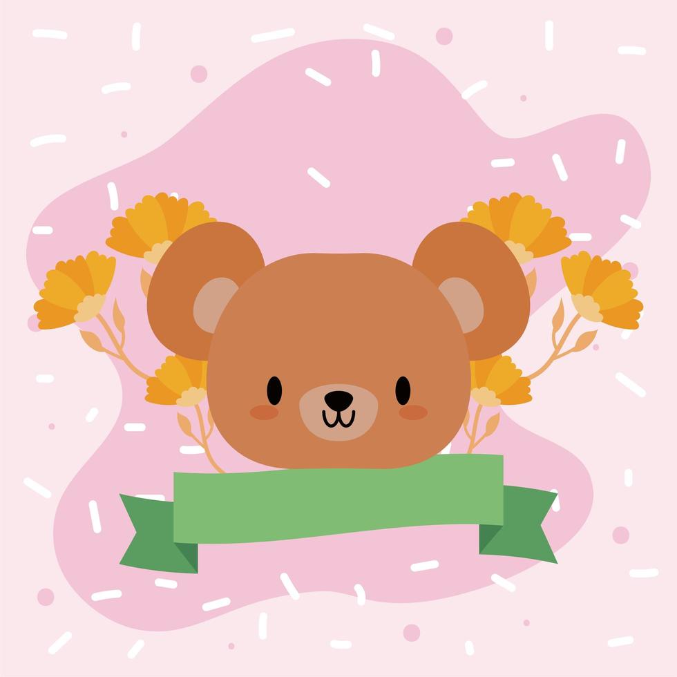 cabeza de oso kawaii con flores vector
