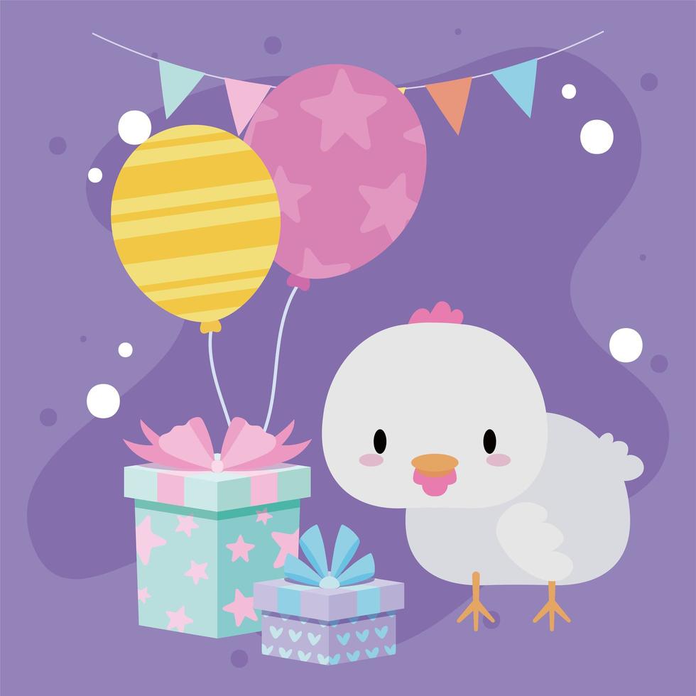 linda tarjeta de cumpleaños con gallina kawaii vector