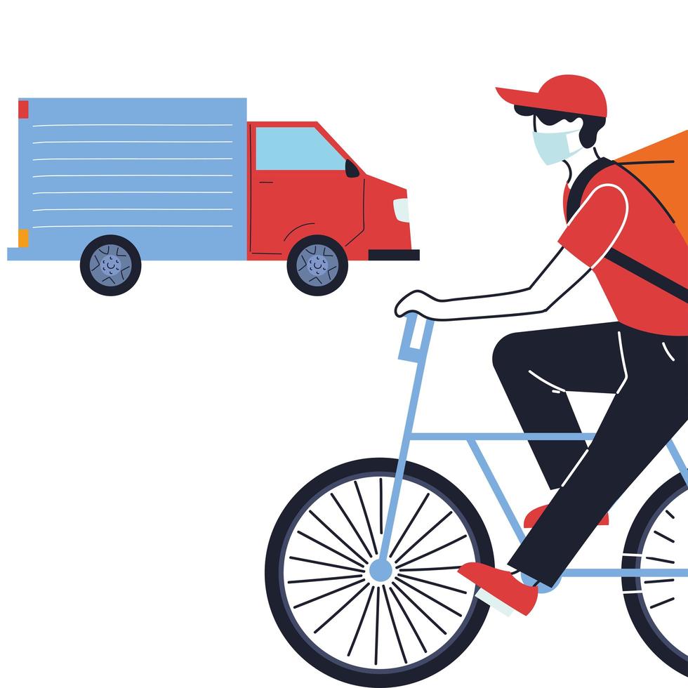courier with mask and transport vehicle for delivery vector
