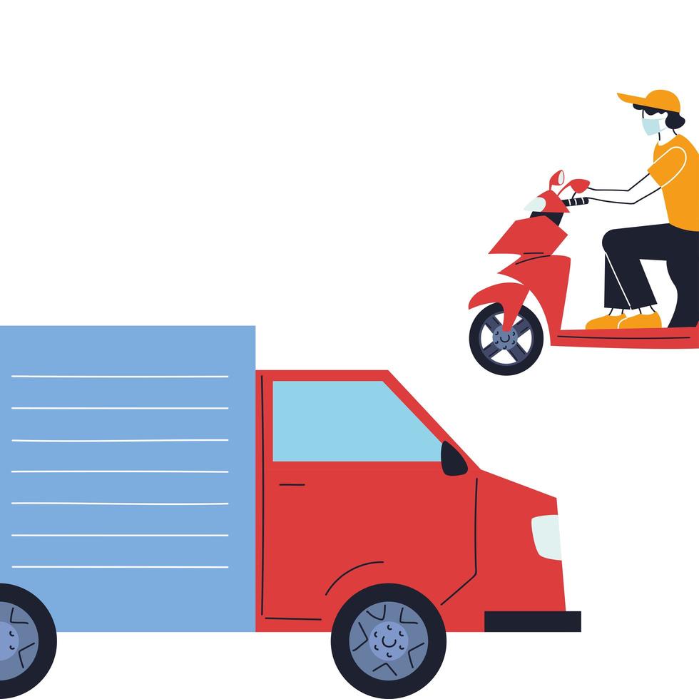 courier with mask and transport vehicle for delivery vector